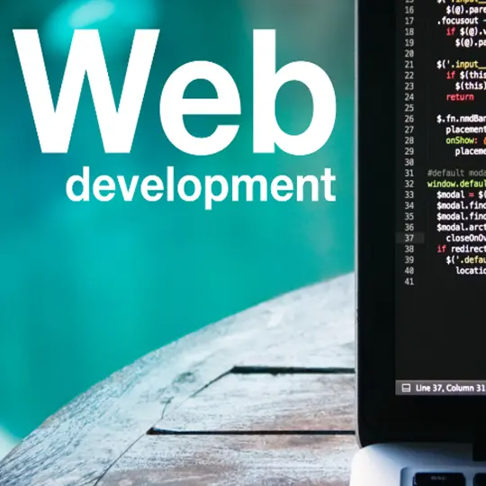 Imagen de que muestra media pantalla de portátil con el texto en ingles de Desarrollo Web de una agencias de marketing digital